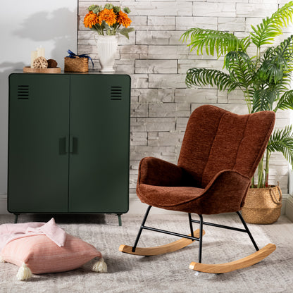 Schommelstoel – Schommelstoel Met Armleuningen – Rocking Chair – Swing Stoel – Relaxstoel – Rood – Scandinavisch Design – Metalen Frame – Houten Glidelementen – Comfortabele Bekleding – 63x75x87 cm