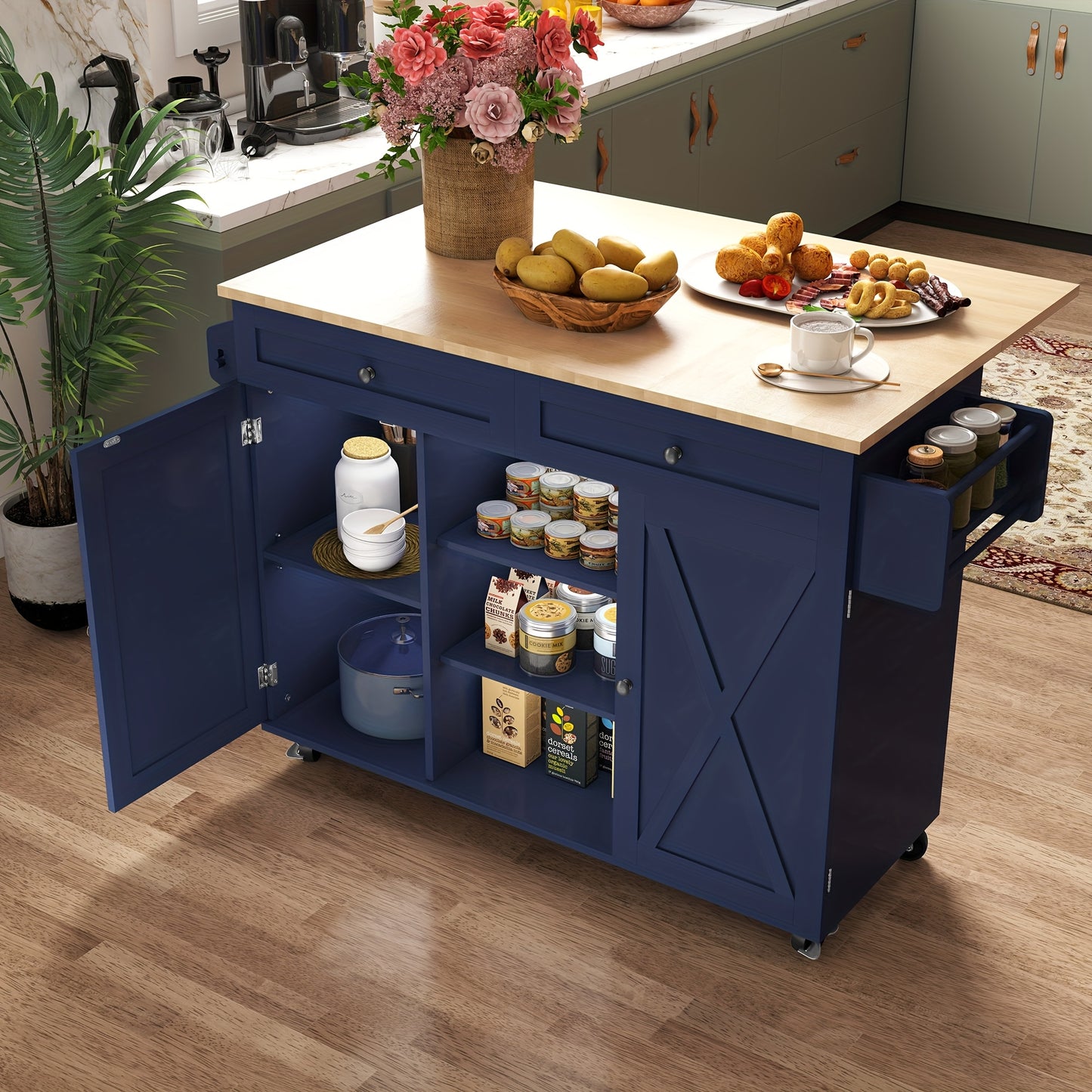 Houten Keukenwagen – Keukentrolley – Opbergtrolley – Serveerwagen – Werkwagen – Mobiel Met Wieltjes – Inklapbaar Tafelblad – Verstelbare Planken – Compact Ruimtebesparend – Stevig Massief Hout
