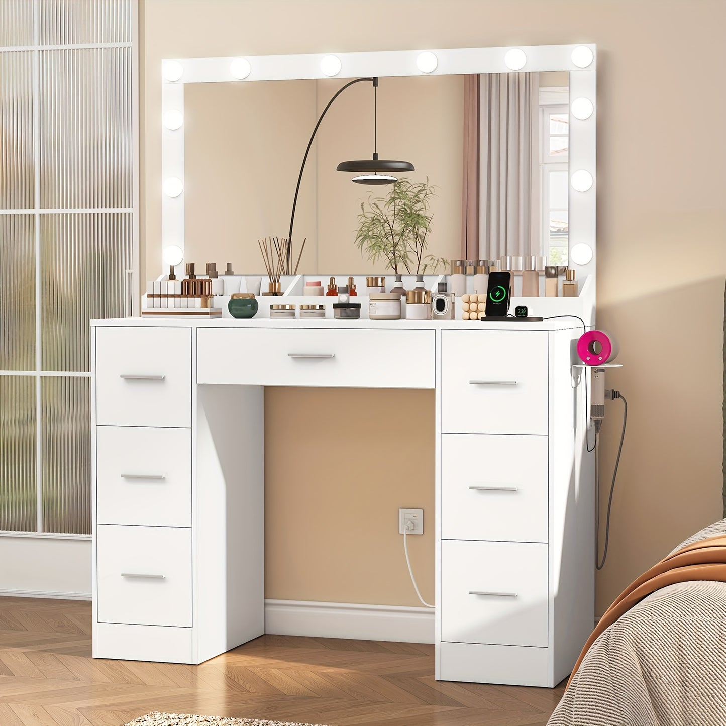 Make-uptafel – Make-uptafel – Visagietafel – Schoonheidstafel – Make-uptafel wit – Verlichte spiegel met 12 LED – Ingebouwd stopcontact en 7 lades