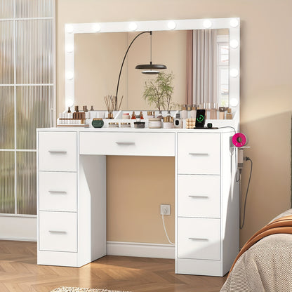 Make-uptafel – Make-uptafel – Visagietafel – Schoonheidstafel – Make-uptafel wit – Verlichte spiegel met 12 LED – Ingebouwd stopcontact en 7 lades