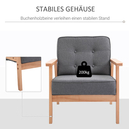 Loungestoel – Fauteuil – Zetel – Relaxstoel – Armstoel – Massief Beukenhouten Frame – Comfortabele Grijze Linnen Bekleding – 64,5x70x74 cm