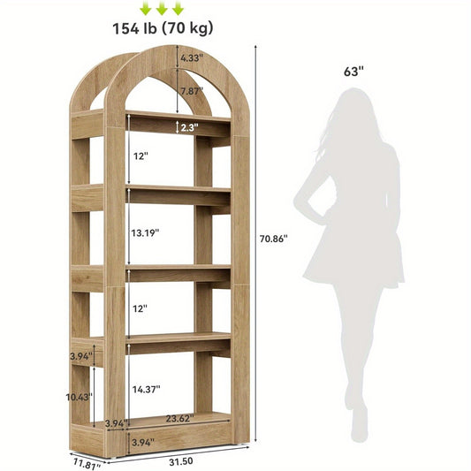 5-Tier Tall Standing Bookshelf with Arch-Shaped Racks | Modern Wooden Display Bookcase for Living Room and Home Office, Teak Color, Christmas Holiday Style Storage Shelf, BYBLIGHT Brand