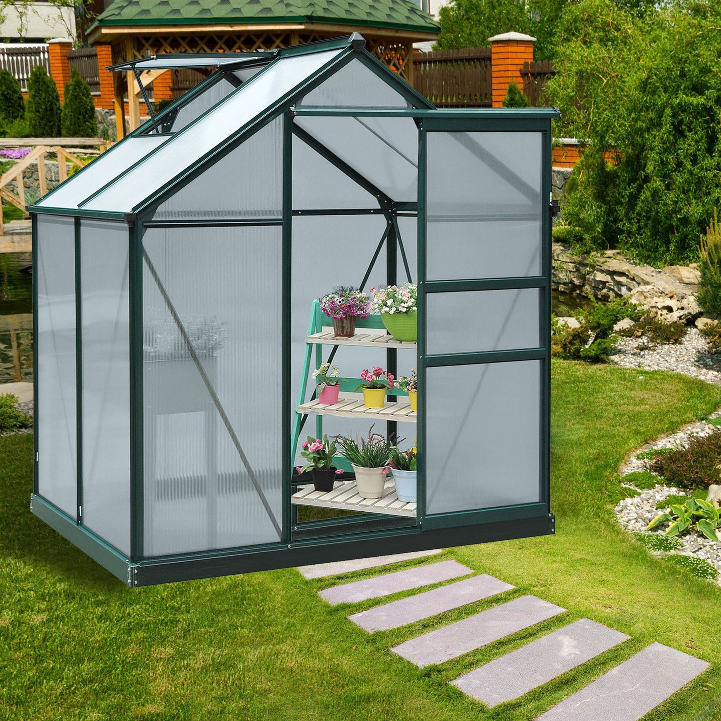 Tuinkas – Kweekkas – Broeikas – Kas – Groentekas – Polycarbonaat – Aluminium Frame – UV 30+ Bescherming – Versterkte Basis – Ventilatie & Schuifdeur – Groen 2,5 m²