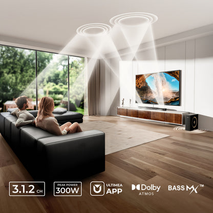 Soundbar – Home Cinema Systeem – Surround Geluidssysteem – Bluetooth Speaker – TV Speaker – Dolby Atmos 3.1.2 Kanaals – 300W Pieken Vermogen – VoiceMX Dialoogverbetering