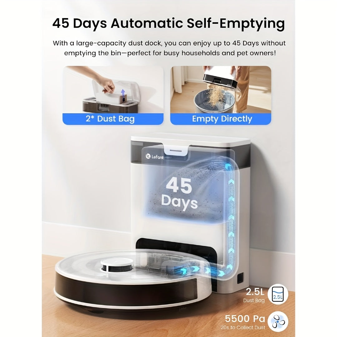LEFANT M2 Pro Robot Vacuum Cleaner & Mop - 45-Day Auto Cleaning, 190° PSD Obstacle Avoidance, 5500Pa Suction Power, 140 Min Runtime, WiFi/Apple/Alexa App & Alexa Control, Multi-Layer Map Drawing, 2.5H Battery, 50dB Quiet, Mo
