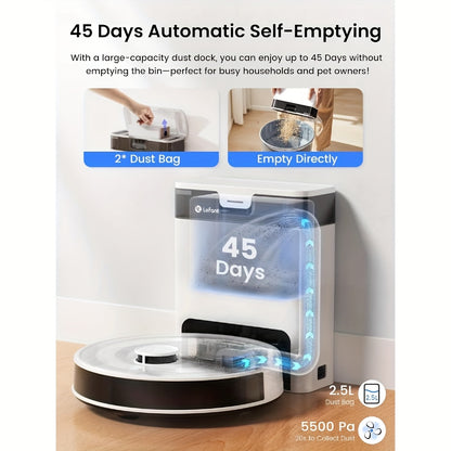 LEFANT M2 Pro Robot Vacuum Cleaner & Mop - 45-Day Auto Cleaning, 190° PSD Obstacle Avoidance, 5500Pa Suction Power, 140 Min Runtime, WiFi/Apple/Alexa App & Alexa Control, Multi-Layer Map Drawing, 2.5H Battery, 50dB Quiet, Mo