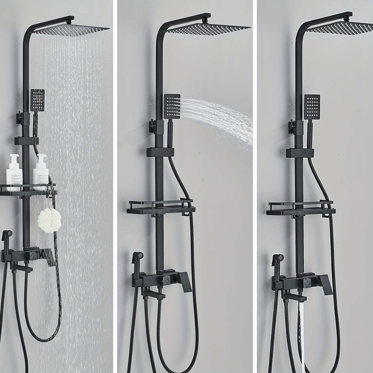 Matzwarte Doucheset – Douchepakket – Regendouche – Handdouche – Badkraan – 30,48 cm Vierkant – Messing – Dual-Function – Wandmontage – Verstelbare Plank – Geen Elektriciteit Nodig