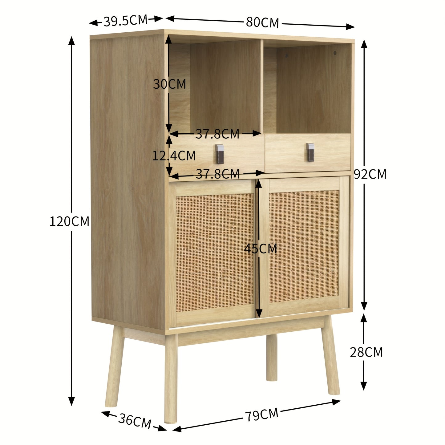 Nachtkastje – Ladekast – Opbergkast – Wandkast – Dressoir – Gevlochten Rattan – 80x39,5x120 cm – 2 Lades & 2 Open Vakken – Modern Design