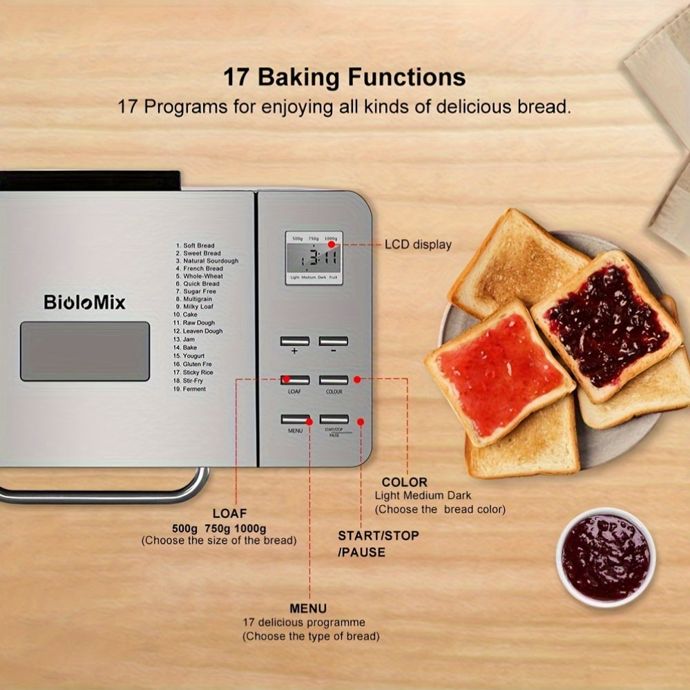Broodbakmachine – Broodmachine – Broodbakapparaat – Automatische Broodbakker – Broodbakautomaat – 19-in-1 Programma’s – Roestvrij Staal 650W – 3 Broodformaten Met Noten- en Fruitdoseerder
