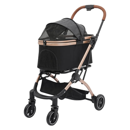 Foldable Pet Stroller | 4 Wheels, Black and Grey, Alloy Steel Frame, Nylon, for Dogs and Cats - NaMaSyo
