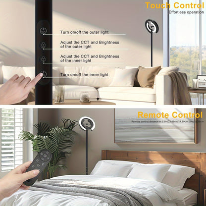 LED Vloerlamp – Staande Lamp – Sfeerverlichting – Vloerlicht – Moderne Lamp – Zwart – Dimbare Warmte Tot Koel Wit Licht 1900K-6500K – 312° Draaibare Dubbele Ring Met Afstandsbediening En Touchbediening
