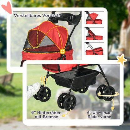 Dierenwagen – Huisdierwagen – Hondenwagen – Kattenwagen – Opvouwbare Buggy – Lichtgewicht Oxford – Ventilerend Mesh – Compact 67x45x96 cm – 4 Wielen Met Rem – Ergonomisch Handvat – Rood