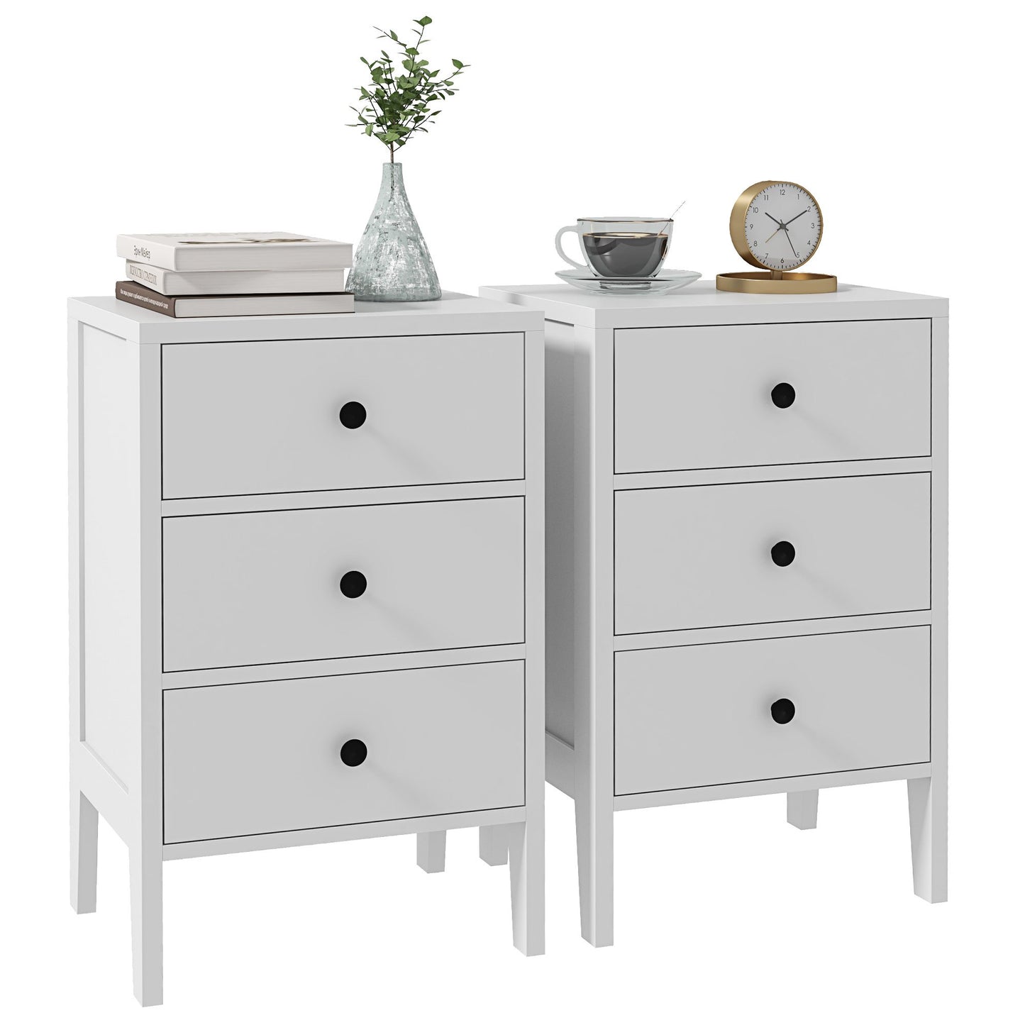Nachtkastje – Bedtafel – Bijzettafel – Nachtkast – Dressoir – 2 Stuks Met 3 Lades – Wit Hout – Compact 40x30x64 cm