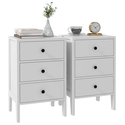 Nachtkastje – Bedtafel – Bijzettafel – Nachtkast – Dressoir – 2 Stuks Met 3 Lades – Wit Hout – Compact 40x30x64 cm