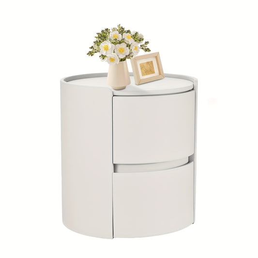 Ronde Nachtkastje – Modern Houten Nachtkastje – Minimalistisch Bedside Cabinet – Tweedelige Ladenkast – Compacte Slaapkamermeubel – Wit – Duurzaam Massief Hout – 45x45x50 cm