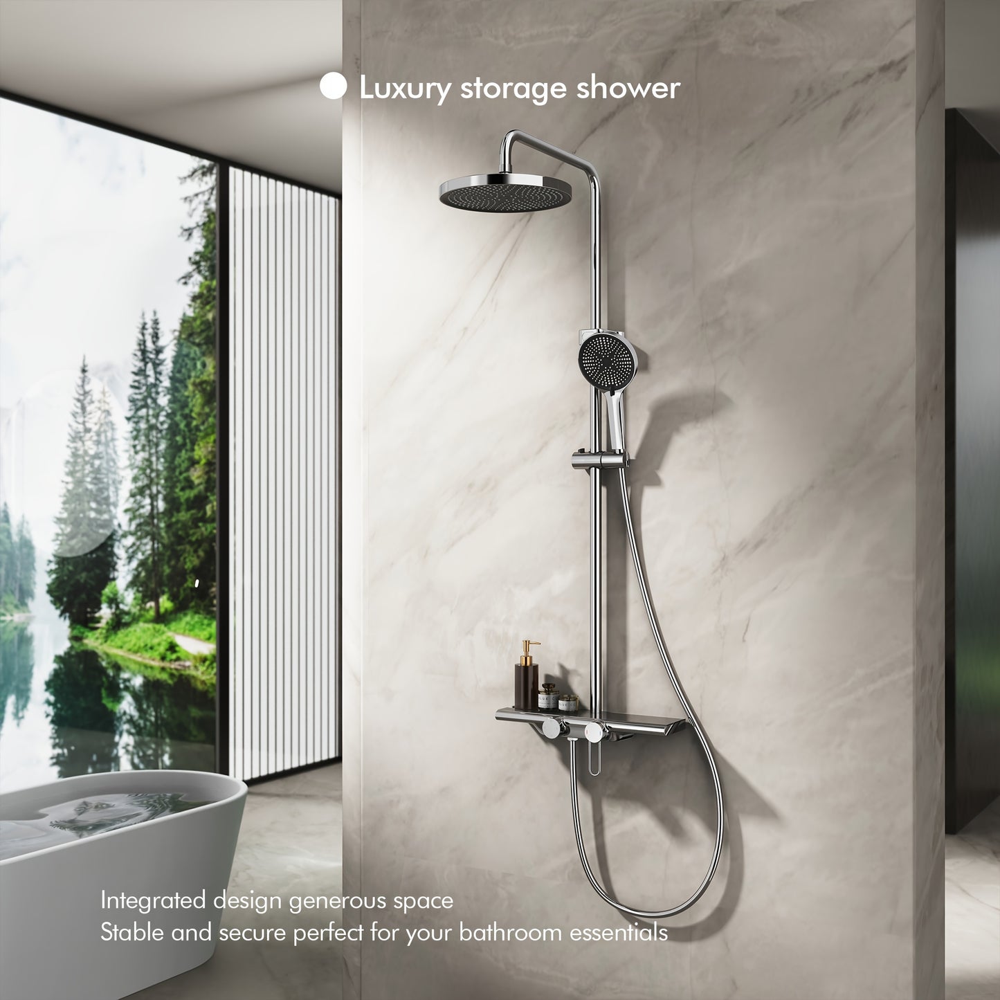 Doucheset – Douchegarnituur – Regendouche – Handdouche – Glijstang – Thermostatisch – Glazen Opbergrek 400mm – Watervaluitloop 95mm – 5 Functions – Chroom