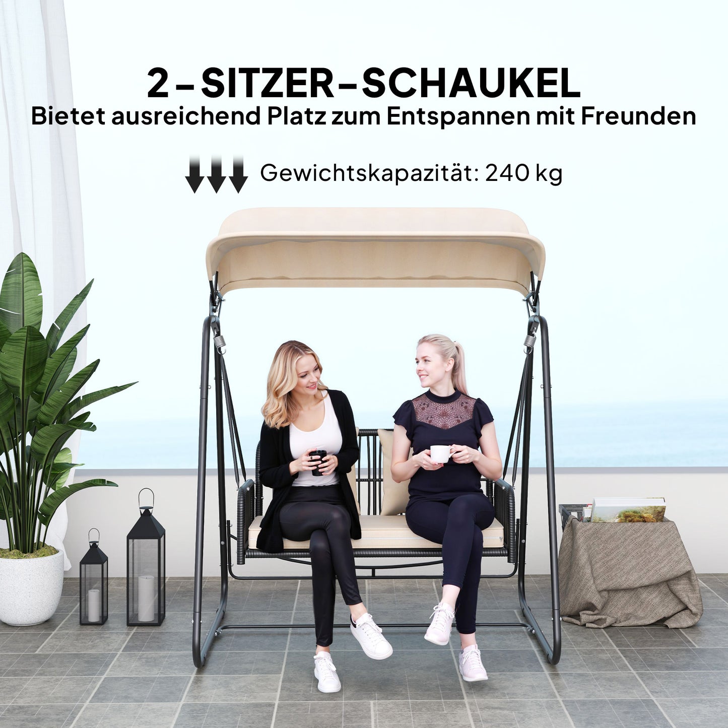 Tuinbank – Buitenbank – Loungebank – Tuinmeubel – Schommelbank – 2-Zits Rattan Hollywood Schommel – Inklapbaar Zonnescherm – Comfortabel Met Kussen – Draagvermogen 240 kg – 149x121x180 cm – Khaki
