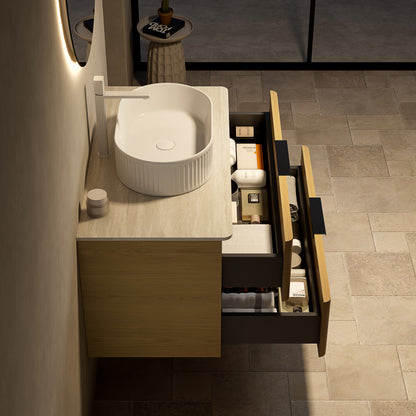 Badmeubel – Badkamermeubel – Wastafelmeubel – Onderbouwkast – Wastafel – 90 cm – Travertijn Sintered Stone Blad – Zwevend Multiplex Met Eiken Houtnerf