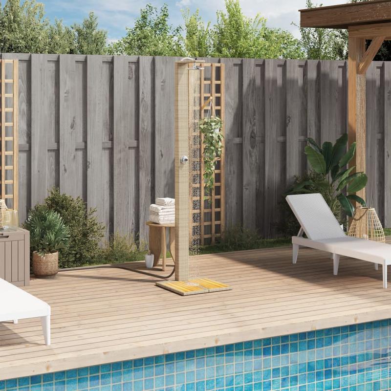 Buitendouche – Tuindouche – Vloerdouche – Zonnedouche – Campingdouche – Beige Poly Rattan & Acaciahout – 50x55x224 cm – Europese Enkele Kraanaansluiting