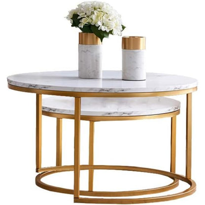Lage Ronde Tafels – Salontafel – Bijzettafel – Nieuwerwetse Tafel – Modulaire Tafel – Set van 2 – Gouden Metalen Frame – Houten Tafelblad – Compact & Eenvoudig te Monteren