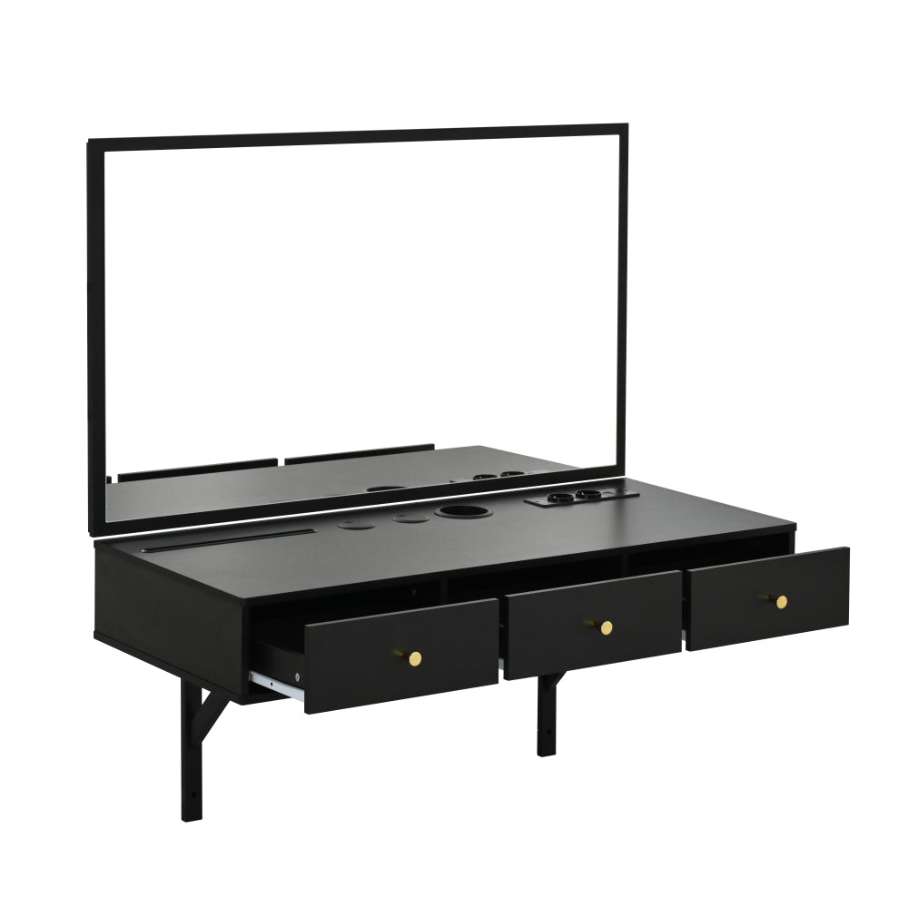 Hanging dressing table with mirror, with 3 drawers, flat card slot, cup holder; black, dimensions 100 x 105 x 45cm (W x H x D), Compact Dressing Station, Minimalist Decor, Contemporary Furniture, Metal Frame, Hanging Mirror,