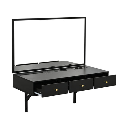 Hanging dressing table with mirror, with 3 drawers, flat card slot, cup holder; black, dimensions 100 x 105 x 45cm (W x H x D), Compact Dressing Station, Minimalist Decor, Contemporary Furniture, Metal Frame, Hanging Mirror,