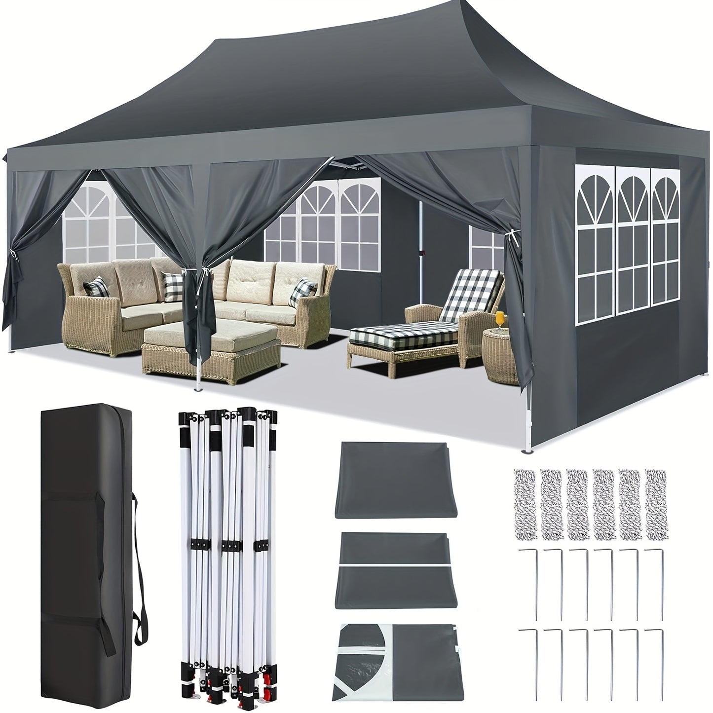 Partytent – Tuinent – Paviljoen – Easy-up Tent – Overkapping – 3x6 Meter – 6 Afneembare Zijwanden – Verhoogd Dakontwerp - Grijs