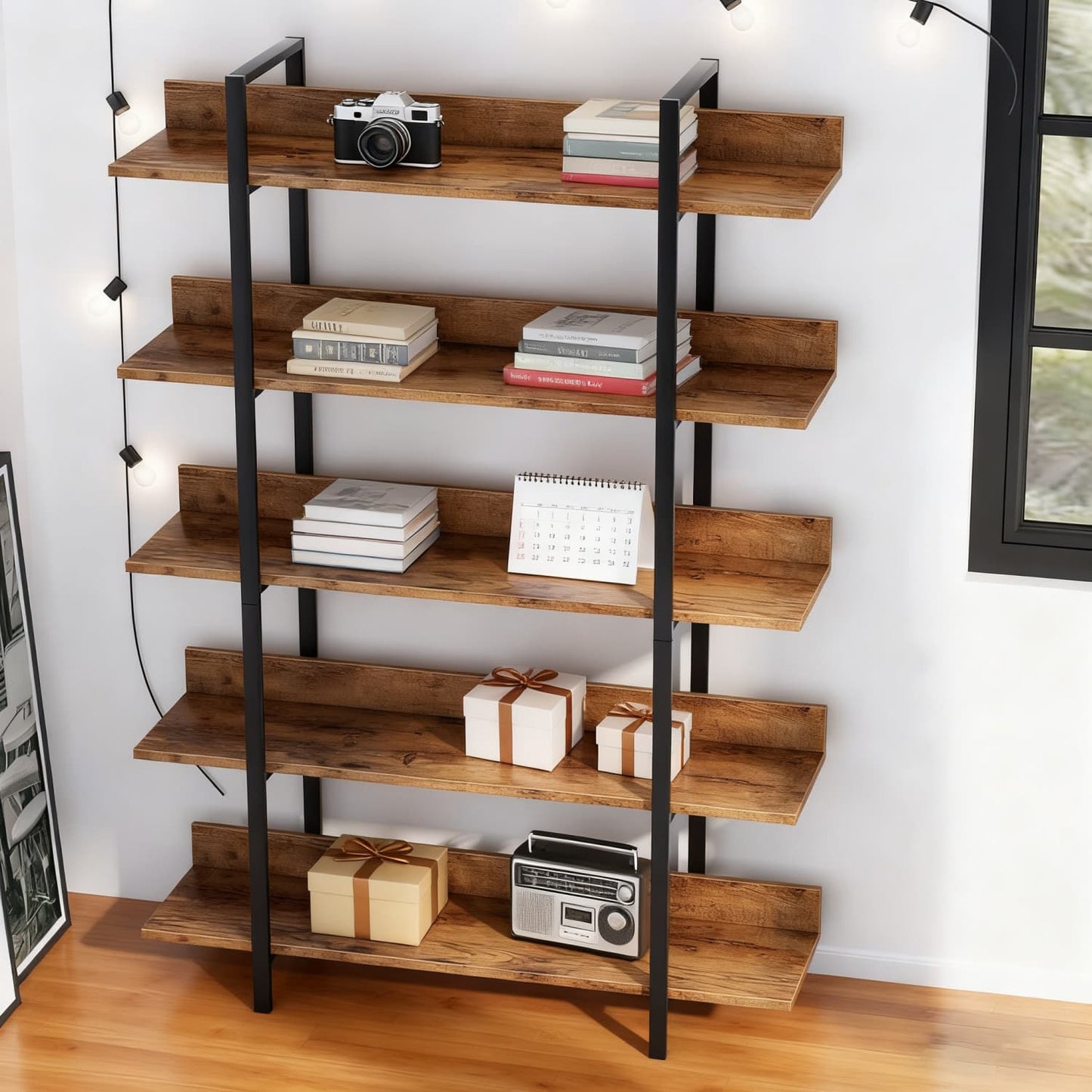 Boekenkast – Boekenrek – Vakkenkast – Opbergkast – Wandkast – Industrieel Design – 5 Laags – Metalen Frame & Houten Planken – 105x33,5x180 cm – Draagkracht 30 kg per Plank