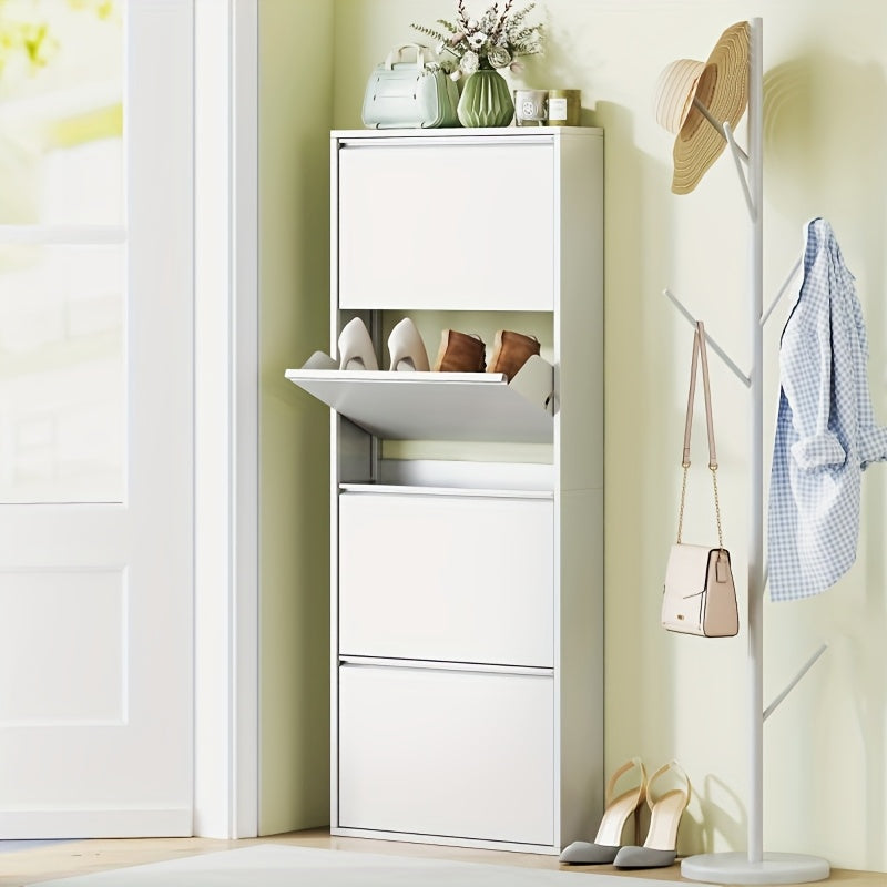 Narrow Metal Schoenkast – Smalle Schoenenkast – Wandgemonteerde Schoenenrek – Schoenopberger – Schoenenschap – Wit – Ruimtebesparend – 4 Kleppen Voor 8 Paar – 55x15x139,5 cm