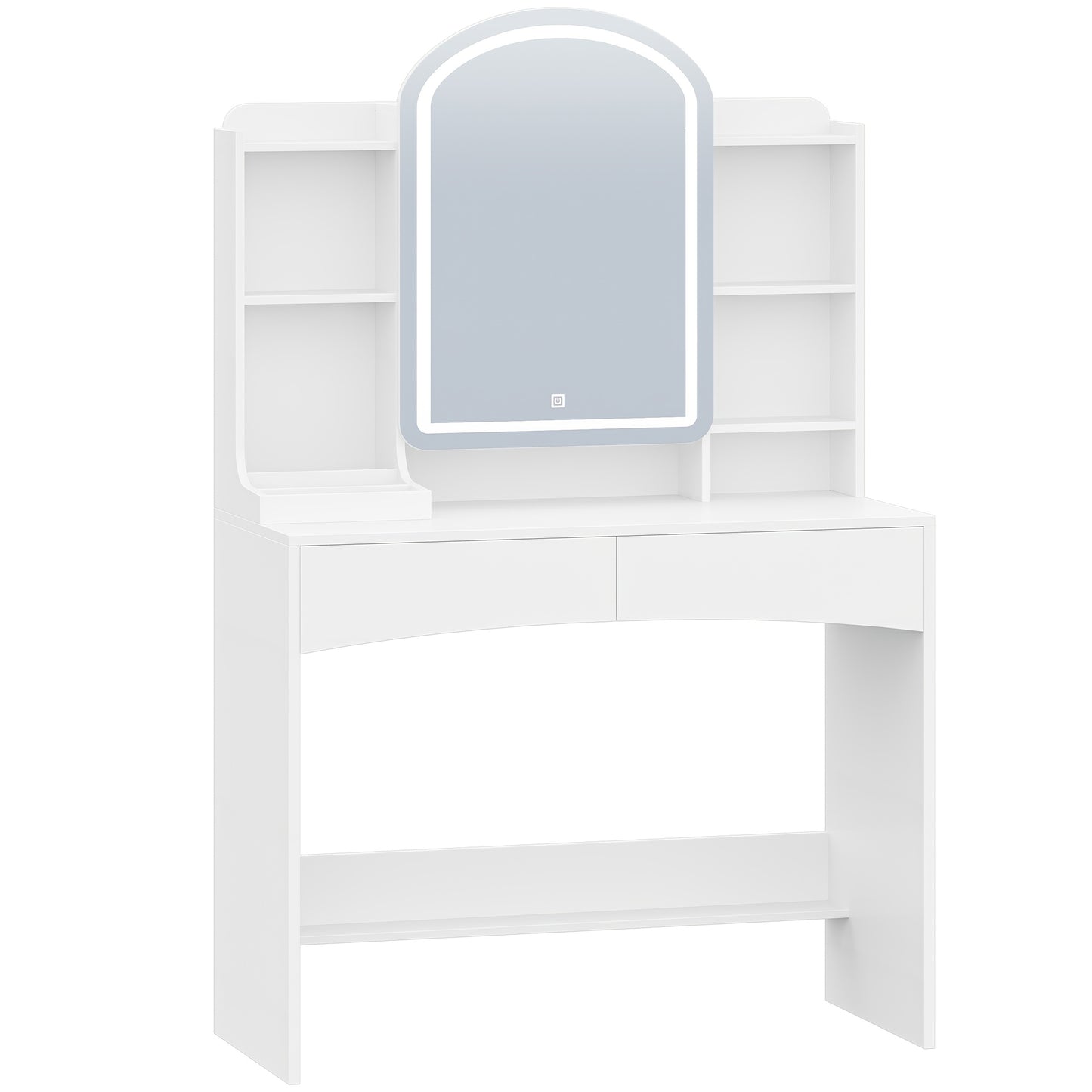 Kaptafel – Make-up Tafel – Vanity Tafel – Cosmeticatafel – Opmaaktafel – Wit houten design – Ronde LED Spiegel 90 cm – Verborgen sieradenlade – 3,2 kubieke voet opbergruimte – Zonder stroom – Eenvoudige montage