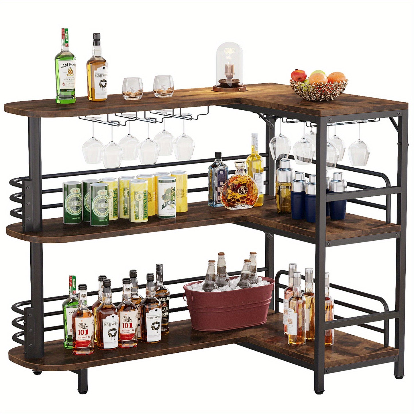 L-vormige Home Bar Unit – Hoekbar – Drankkast – Wijnrek – Barkeuken Meubel – 3 Etages Met Opbergrekken – Inclusief Wijn- En Wijnglashouder – Industrieel Rustiek Bruin