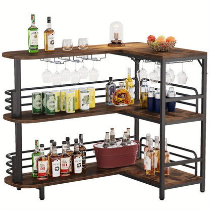 L-vormige Home Bar Unit – Hoekbar – Drankkast – Wijnrek – Barkeuken Meubel – 3 Etages Met Opbergrekken – Inclusief Wijn- En Wijnglashouder – Industrieel Rustiek Bruin