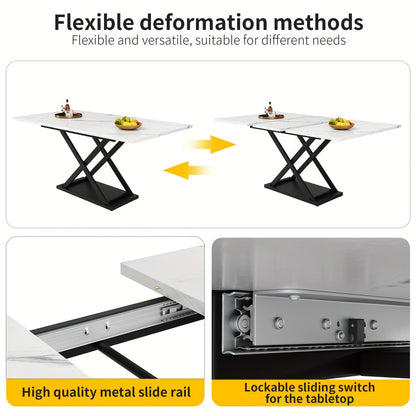 Telescoping Dining Table (120-160×80cm), Extendable Kitchen Table, Space-Saving Design, Black Crossed Iron Legs, Suitable for Kitchen & Living Room, White Marble Walnut Colored