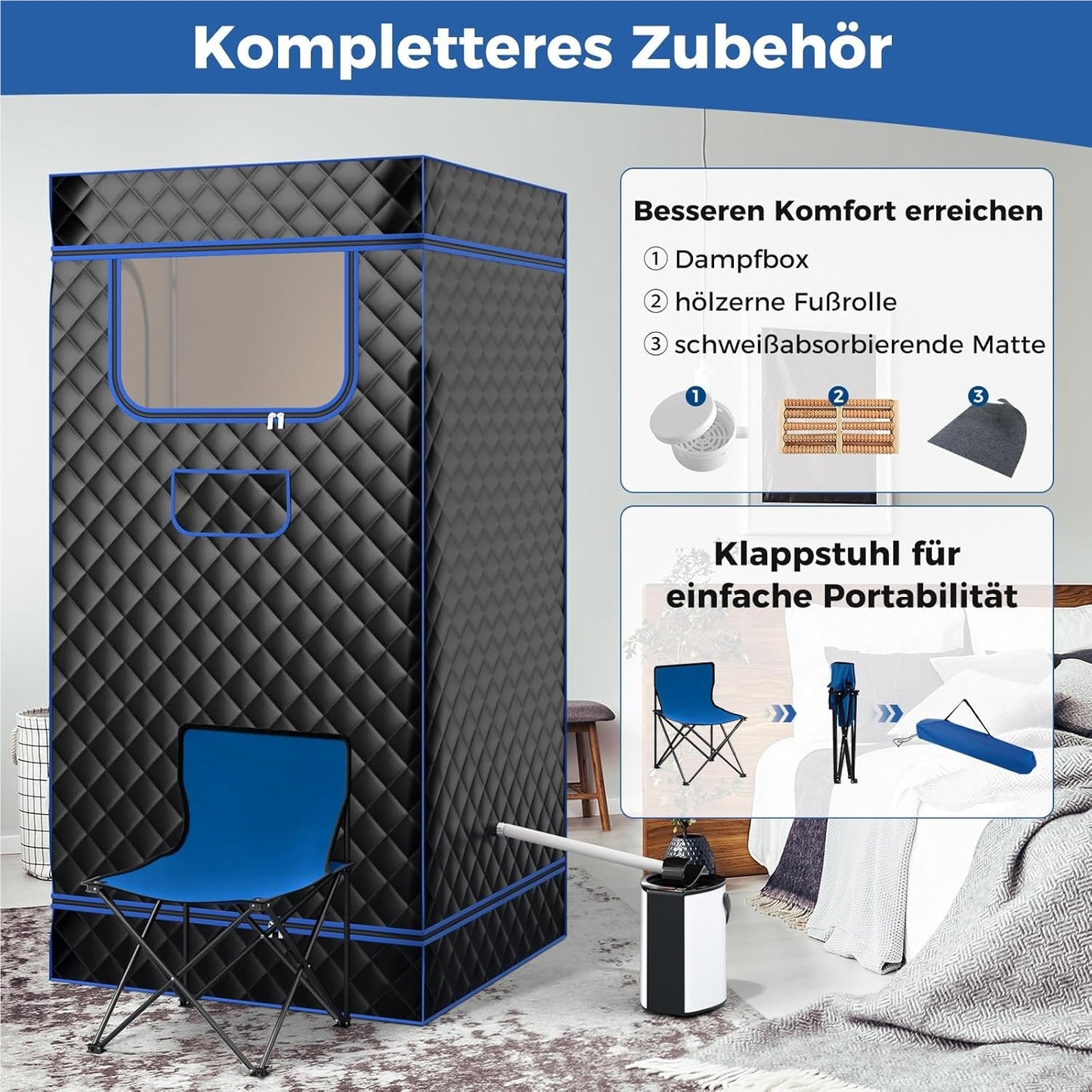 Stoomsauna – Home Sauna – Sauna Tent – Draagbare Sauna – Persoonlijke Sauna – Incl. 3L Stoomgenerator – Inklapbare Stoel & Voetmassager – Zwart – Compact 91x91x183 cm