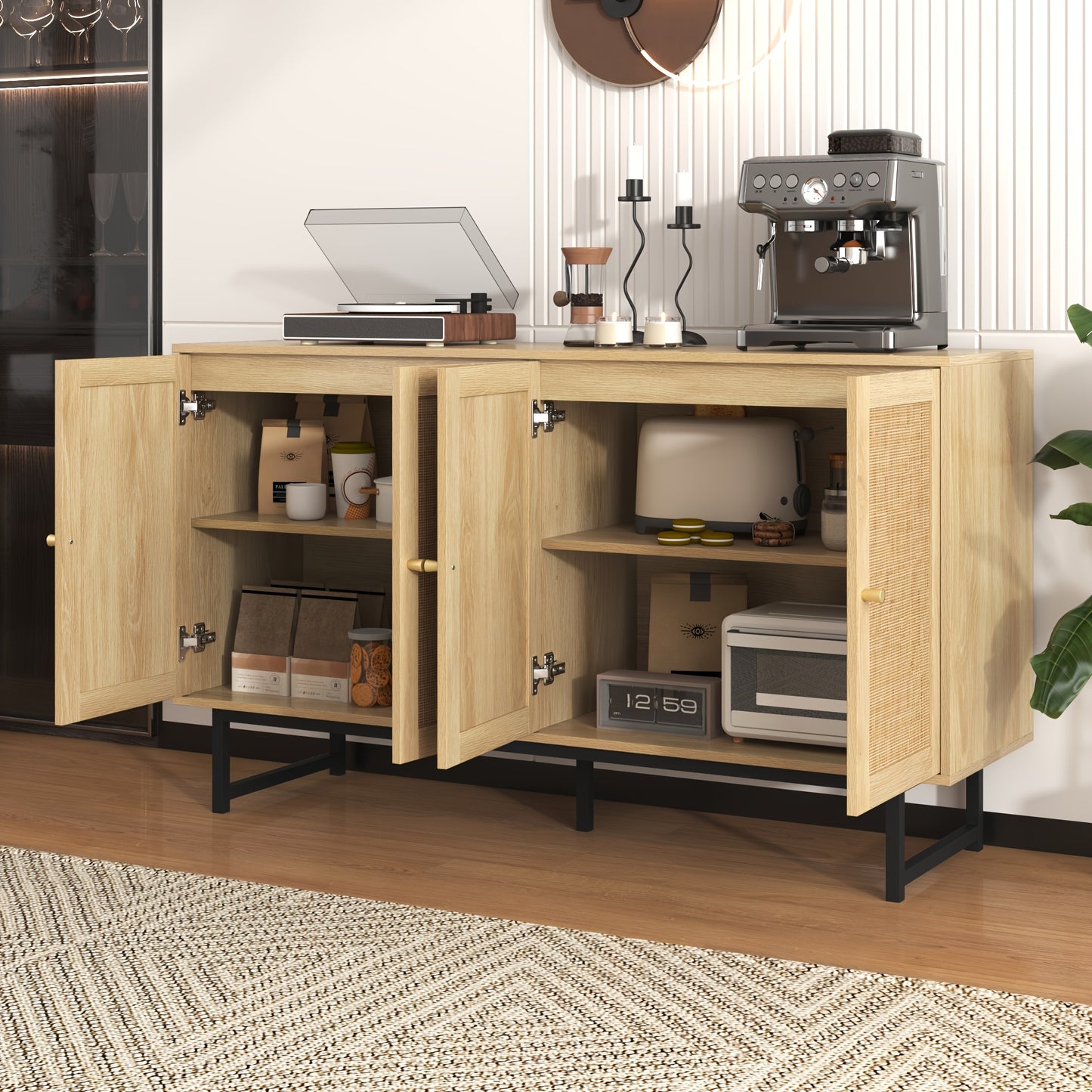 Dressoir – Dressoirs – Opbergkast – Ladekast – Wandkast – 140x39,5x80 cm – Echt Rotan En Hout – Ruime 4-Deurs Kast