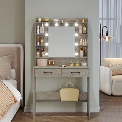 Kaptafel – Make-up Tafel – Vanity – Make-uptafel – Dresser – Wit – Verstelbare Verlichting – 40x80x149 cm – Elegant Design – Ruime Opbergruimte