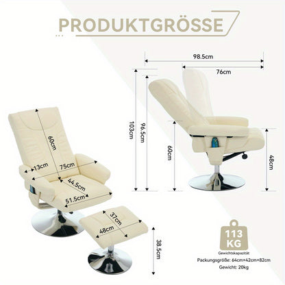 Modern Recliner Chair with 5-Point Massage, 360° Swivel & Footstool - Ergonomic Design, Beige PU Fabric, Adjustable Height, No Power Needed, Easy Assembly for Living Room, Office, or Home Theater, Office Relaxation, Contempo