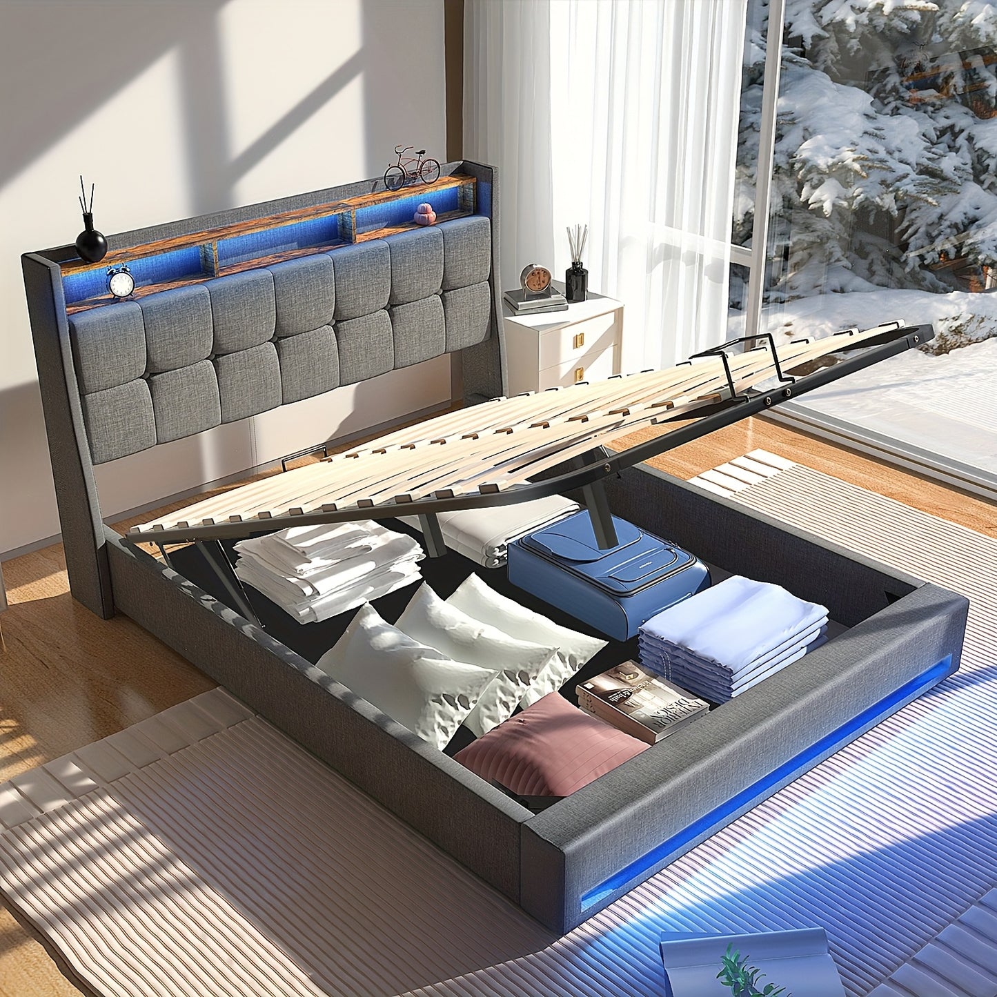 Bed – Eenpersoonsbed – Slaapbed – Linnen Bed – Opbergbed – 90x200 cm – Met Gasdrukveer – Houten Lattenbodem