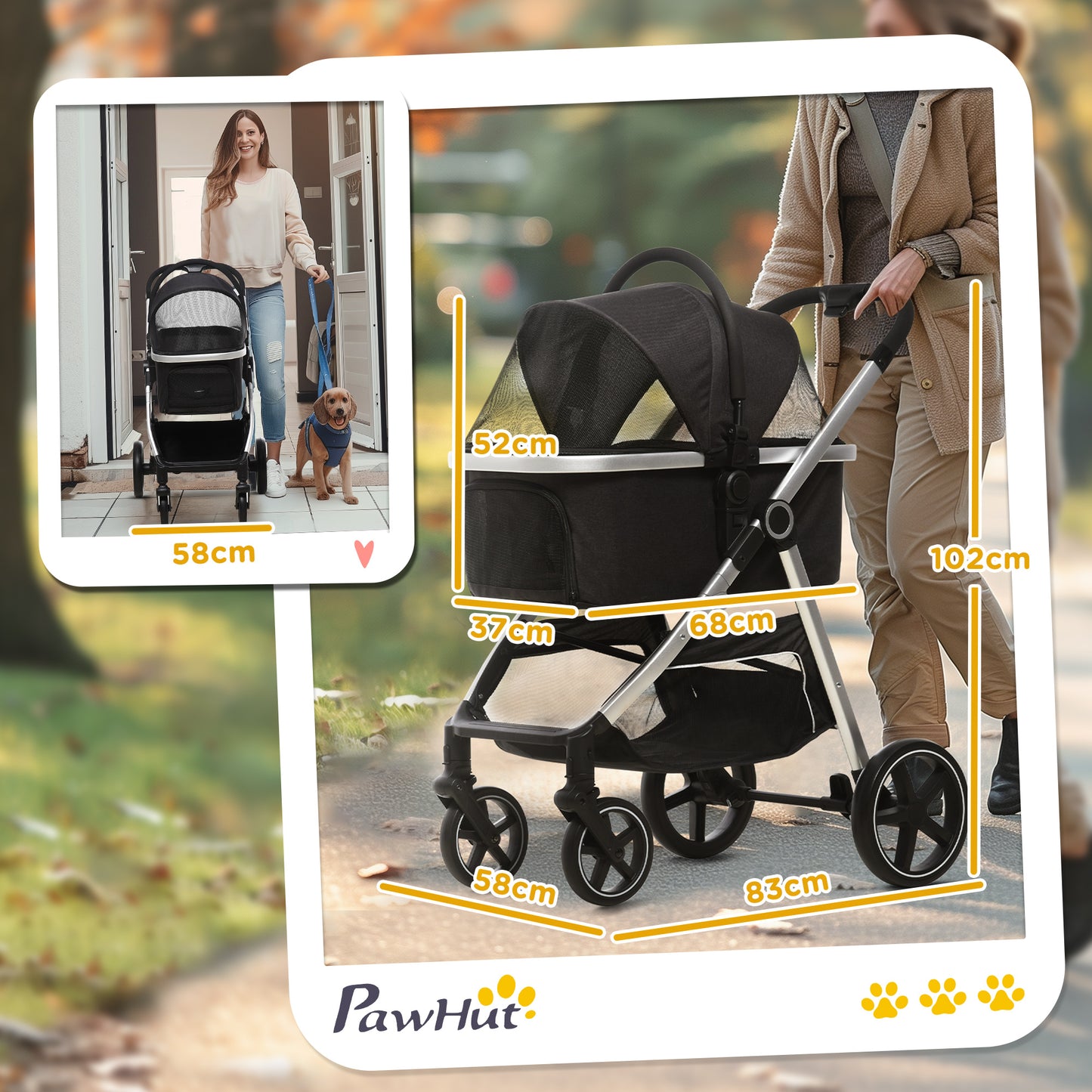Hondenwagen – Draagtas – Wandelwagen – Huisdierwagen – Reiswagen – 2-in-1 Ontwerp – Geschikt Tot 10 kg – Inklapbaar – Met Opbergmand – Zwart