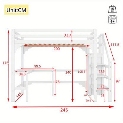 Hoogslaper – Halfhoogslaper – Stapelbed – Bedbank – Multifunctioneel Bed – 140x200 cm – Wit Metalen Frame – Met Bureau en Kledingrek – Ruimtebesparend Design