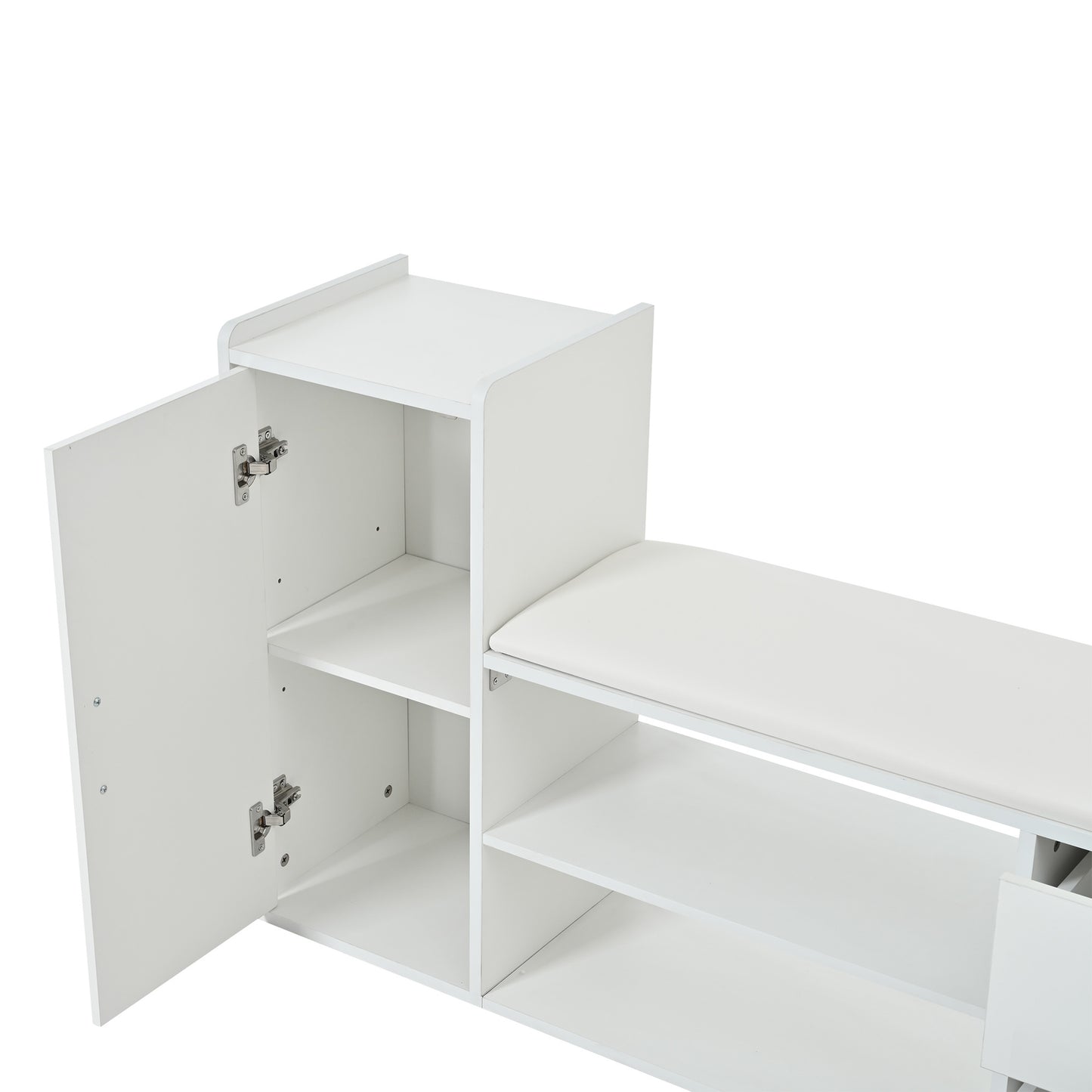 BTM Shoe Cabinet 128×30×68 Cm, in White with Shoe Bench, 2 Drawers & 1 Closet, Open 2-Tier Shoe Rack with Upholstered Seat Bench, Storage Furniture for Hallway, Living Room Or Office