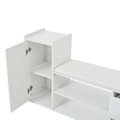 BTM Shoe Cabinet 128×30×68 Cm, in White with Shoe Bench, 2 Drawers & 1 Closet, Open 2-Tier Shoe Rack with Upholstered Seat Bench, Storage Furniture for Hallway, Living Room Or Office