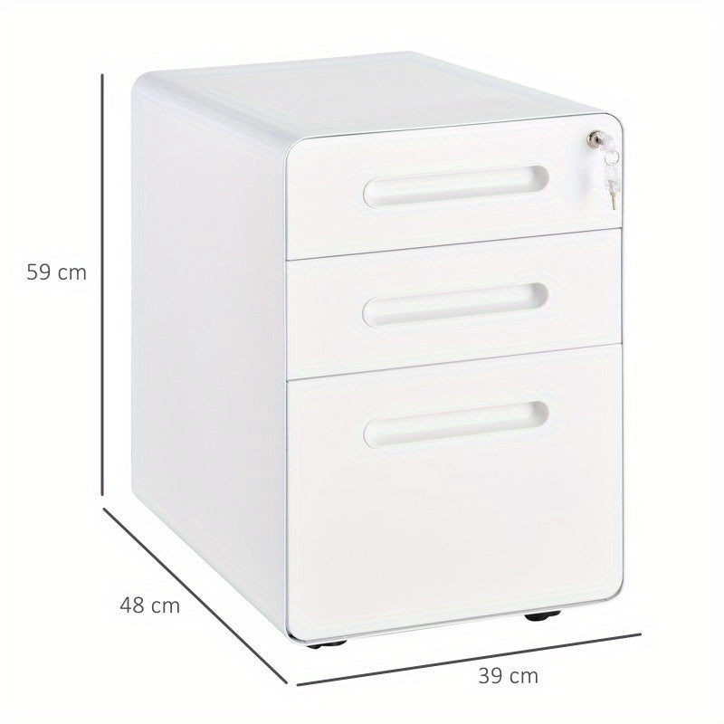 Ladekast Metalen Kassalade – Ladenkast Bureaulade Opbergkast Office Cart – 3 Lades – Mobiel – Staal Wit – Compact – Ruimtebesparend 39x48x59 cm