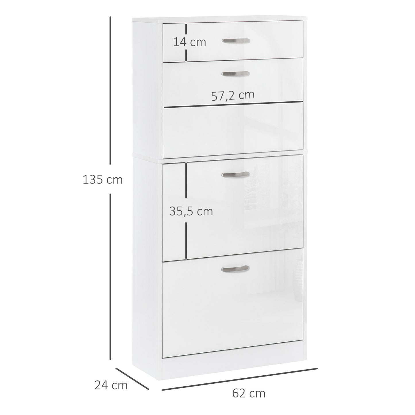 Schoenenkast – Schoenenrek – Schoenopberger – Schoenmeubel – Opbergkast – 3 Klepdeuren en Lade – Wit Spaanplaat met Aluminium Handgrepen – Verstelbare Legplanken – 62x24x135 cm