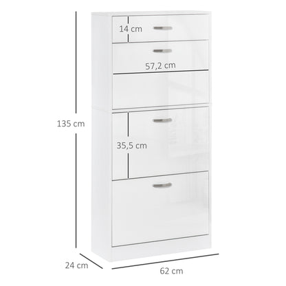 Schoenenkast – Schoenenrek – Schoenopberger – Schoenmeubel – Opbergkast – 3 Klepdeuren en Lade – Wit Spaanplaat met Aluminium Handgrepen – Verstelbare Legplanken – 62x24x135 cm
