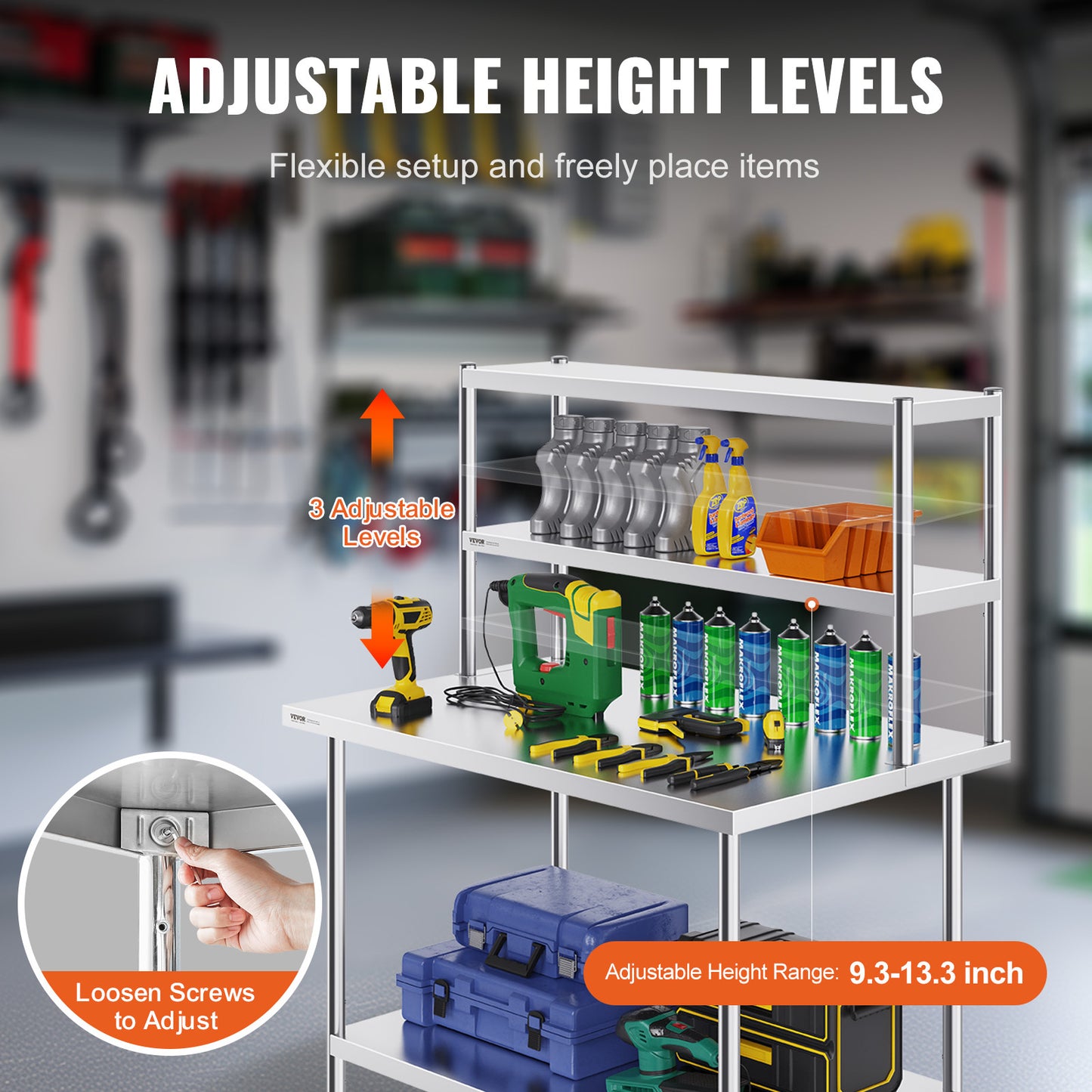 RVS Werktafel – Werkbank – Keukentafel – Werkblad – Werkplek – Verstelbare Dubbele Legplank – Roestvrij Staal 12"x48"