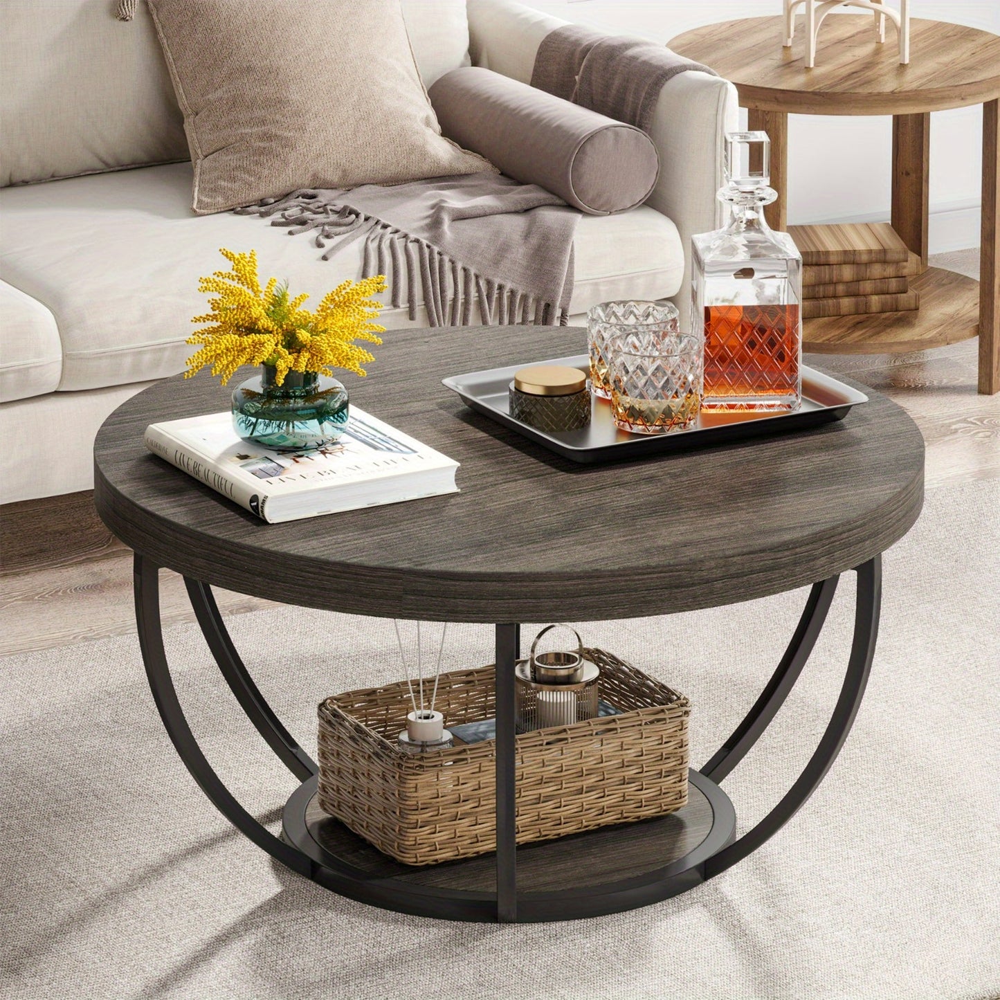 Salontafel – Woonkamertafel – Koffietafel – Bijzettafel – Tafel – 32 Inch Rond – Industrieel Design – Tweelaags Opbergruimte – Stevig Gelamineerd Hout – Grijs Zwart