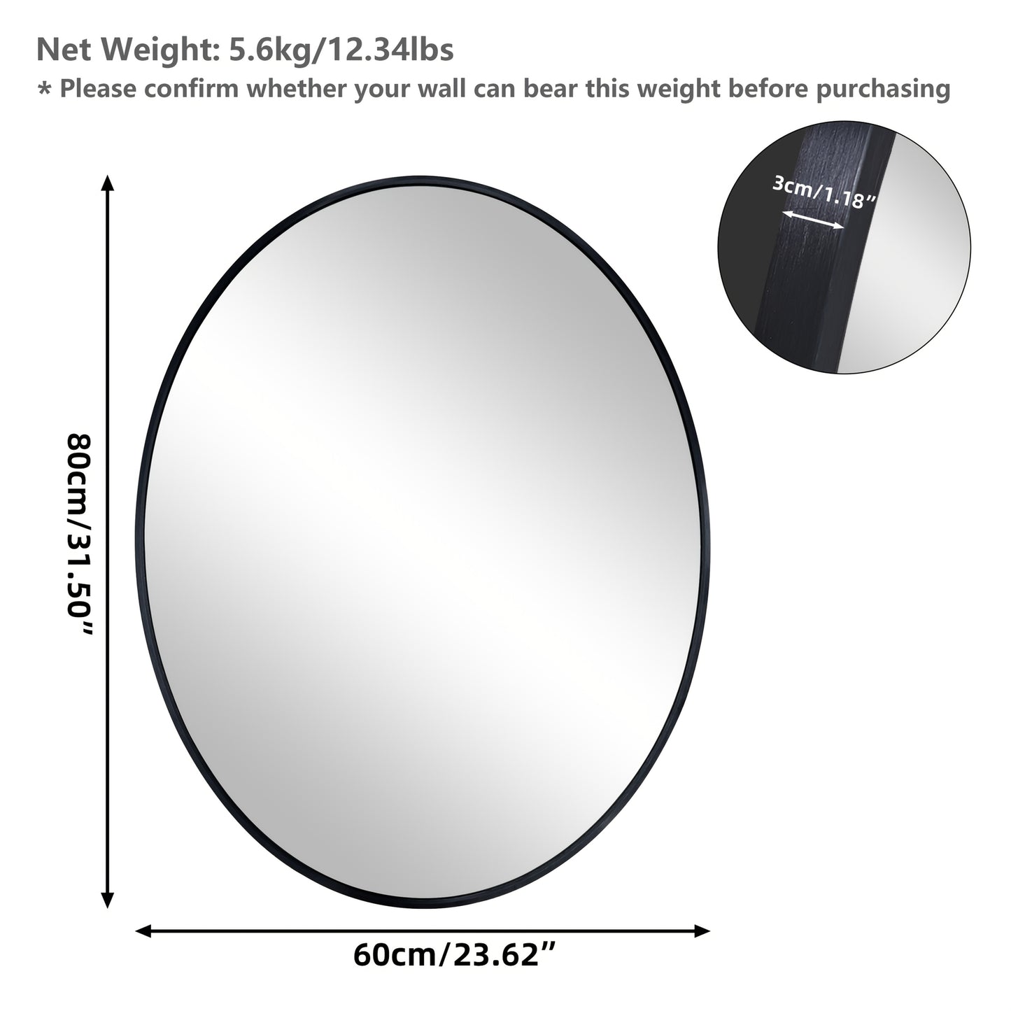 Wandspiegel – Grote Spiegel Wand – Passpiegel – Badkamerspiegel – Decoratieve Spiegel – 70x90 cm – Ovaal Zwart Aluminium Frame – Roestbestendig & Scherpe HD Glas