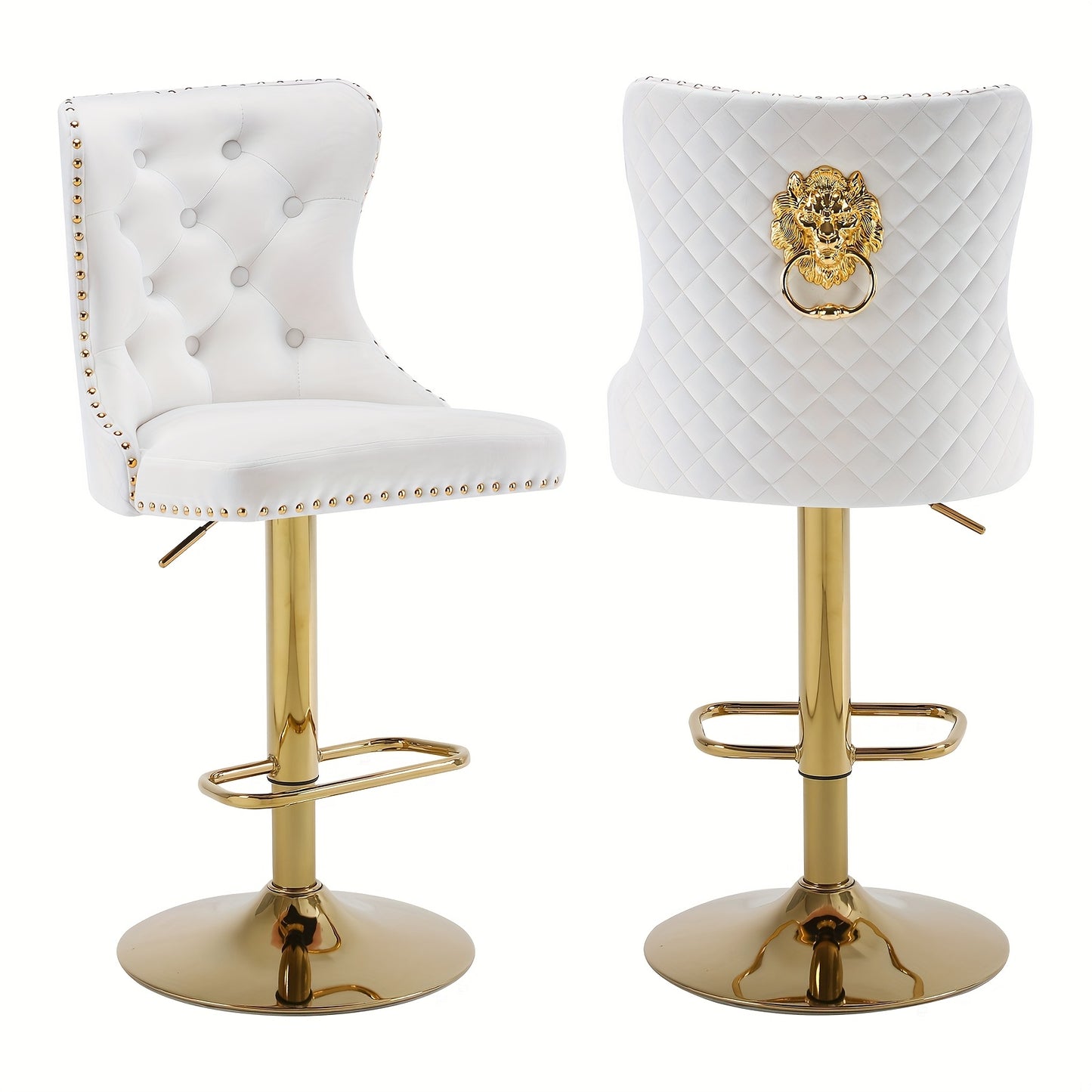 Barstoelen – Barkrukken – Krukken – Keukenstoelen – Hoge Stoelen – Set Van 2 – Draaibaar Met Verstelbare Zithoogte – Wit Fluweel Met Gouden Frame