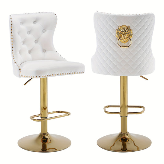 Barstoelen – Barkrukken – Krukken – Keukenstoelen – Hoge Stoelen – Set Van 2 – Draaibaar Met Verstelbare Zithoogte – Wit Fluweel Met Gouden Frame